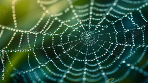 Macro detail, morning dew delicately adorns a spider web, forming a crystal canopy that captures the elegance of the natural world