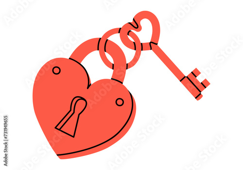 Hand drawn cute cartoon illustration of heart shaped key and closed lock. Understanding or loyalty. Flat vector perfect couple sticker in doodle style. Valentine's Day icon. Wedding vow. Isolated.