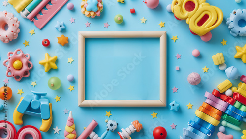A baby toy frame background showcases teddy bears, colorful wooden educational toys, and sensory items on a blue background
