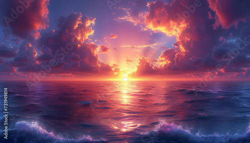 Beautiful sunset at sea and dramatic clouds on background, generative ai.