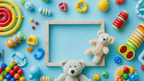 A baby toy frame background showcases teddy bears, colorful wooden educational toys, and sensory items on a blue background