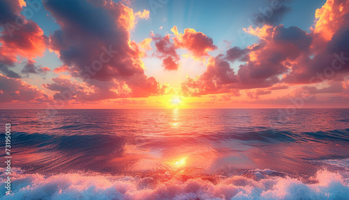 Beautiful sunset at sea and dramatic clouds on background, generative ai. © LomaPari2021