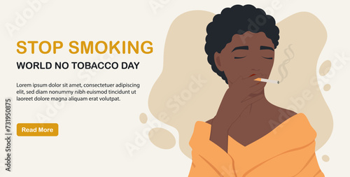 Young woman smoking a cigarette banner. Health checkup vector illustration. World no tobacco day