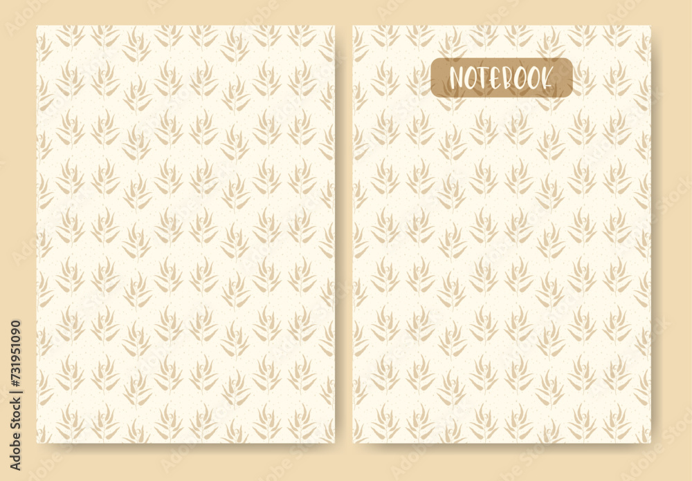 Notebook with beige leaf and stars pattern. Cover page aesthetic artwork. Silhouette of plants Notebook with beige leaf and stars pattern. Cover page aesthetic artwork. Silhouette of plants
