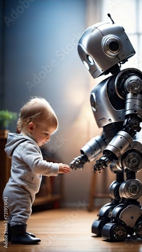 A baby dressed in grey interacts with a large grey robot.