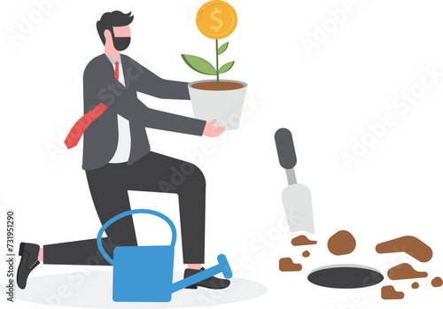 Investing in growth stock, growing pension fund, saving or make profit from retirement fund, growing wealth or investment asset concept, businessman investor planting money seedling for prosperity.
