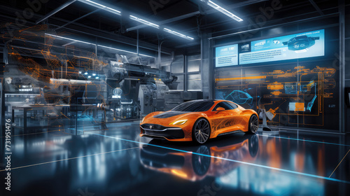 Inside a high-tech car repair garage, sleek machinery, robotic precision, modern automotive service