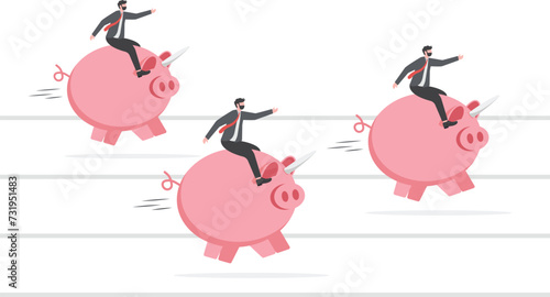 Mutual funds, stock investment performance or savings, business profit concept, pink piggy banks running fast to reach target, they compete on race track and field path to win the finance money game.
