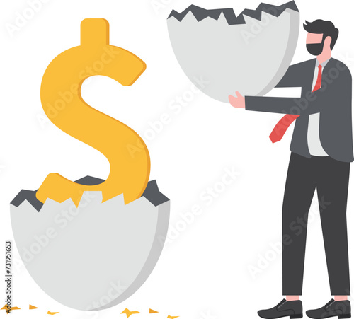 Growth or value stocks investment, earning or dividends from stock market metaphor or profit and return from investment asset concept, shiny eggs with one hatched as US dollar money sign.

