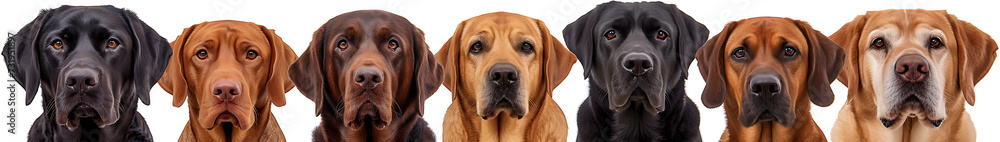 Group of sitting dogs of different breeds on a white background panorama photo