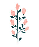 One branch with pink flowers and green leaves drawn by hand. Vector illustration, eps 10.