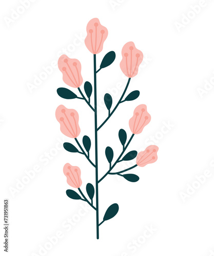 One branch with pink flowers and green leaves drawn by hand. Vector illustration  eps 10.