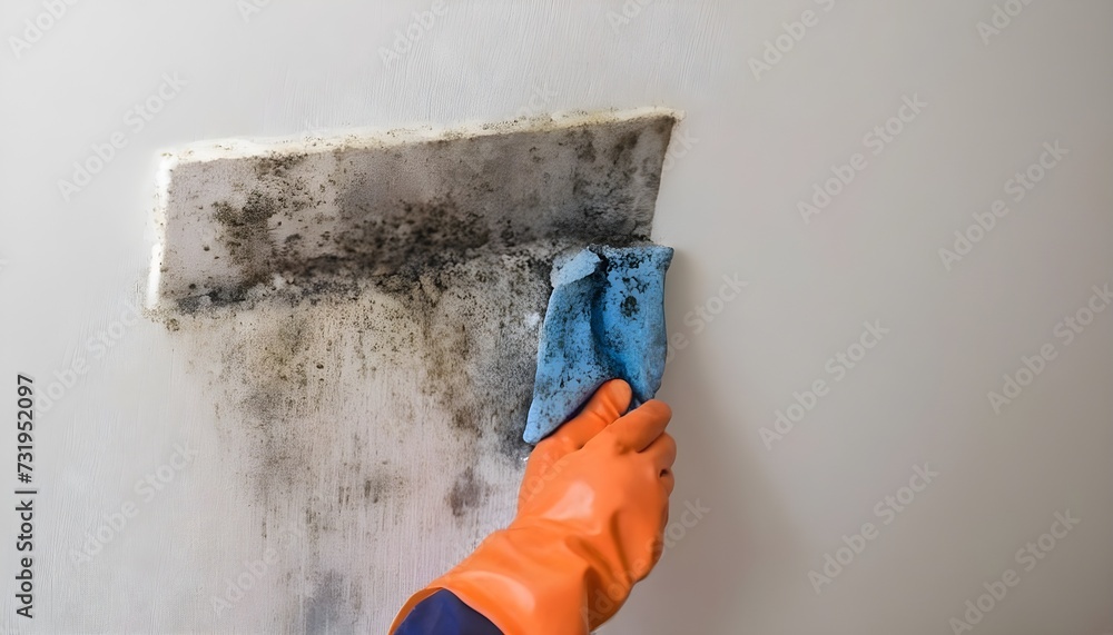 Image of a worker's hand while cleaning and removing mold from a wall. Humidity problem in the house.
