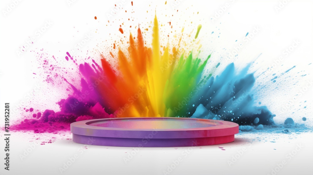 Podium with rainbow color powder chalk explosion in the back. Isolated on white background - obrazy, fototapety, plakaty 