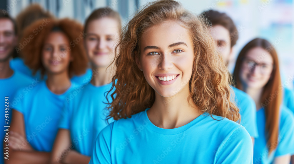 Fototapeta premium Cheerful young woman with wavy hair wearing a blue volunteer shirt stands confidently with a group, exuding positivity and teamwork