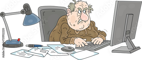 Angry and vile snitch typing his insidious false denunciation on a computer keyboard, vector cartoon illustration isolated on white