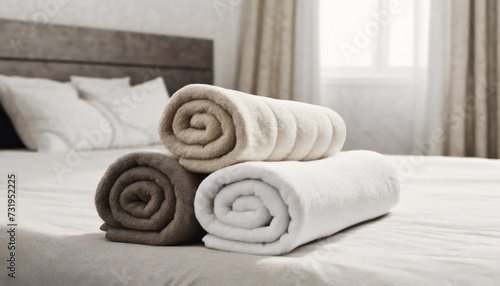 Rolled clean terry towels on bed with copy space