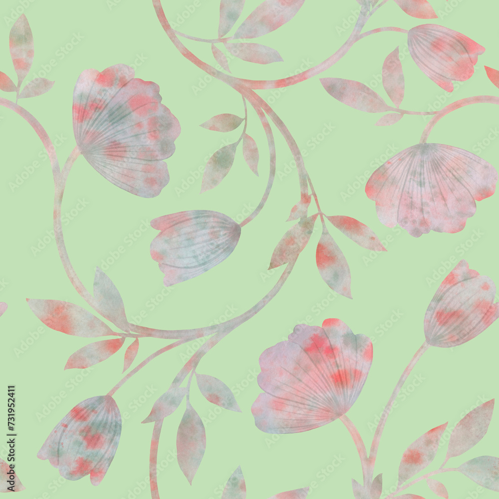Abstract flower with leaves drawn in watercolor on a light green background for wrapping paper, wallpaper, textiles.