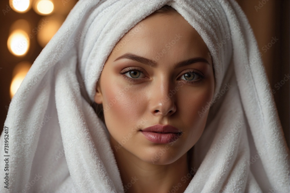 Woman with a towel wrapped around her head, portrait Woman with a towel wrapped around her head, portrait
