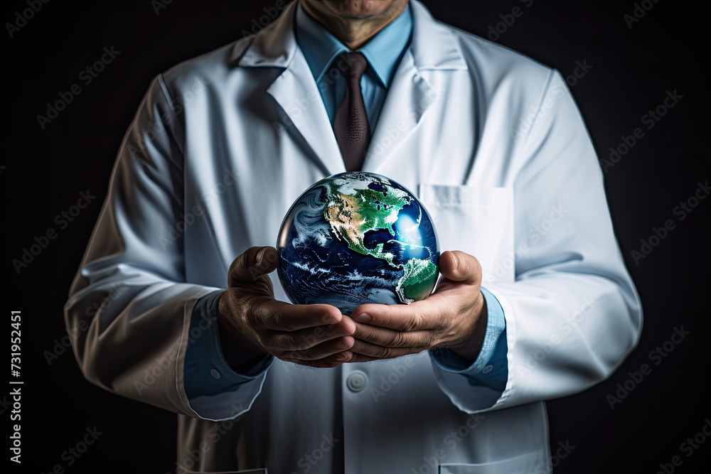 A medical doctor holding the planet earth in his hands A medical doctor holding the planet earth in his hands