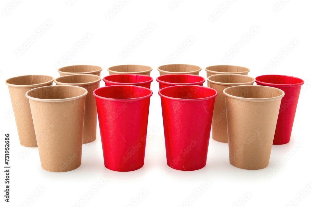 set of empty brown and red paper cups isolated on white set of empty brown and red paper cups isolated on white