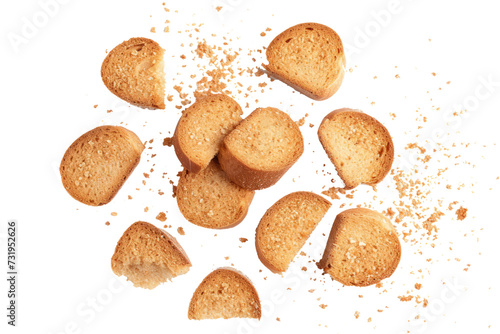 broken bread rusks with crumbs isolated on white or transparent png photo