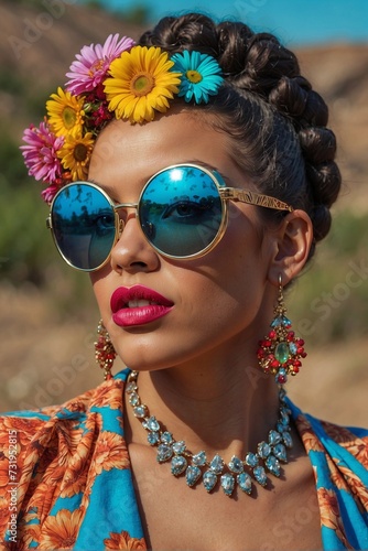 Woman with flowers in her hair and in sunglasses