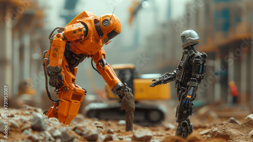 sci fi robot engineer and a man inspection construction work with a robot worker and construction site,generative ai © LomaPari2021