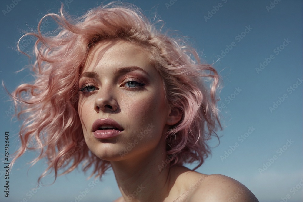 Close-up of a woman with pink hair blowing in the wind