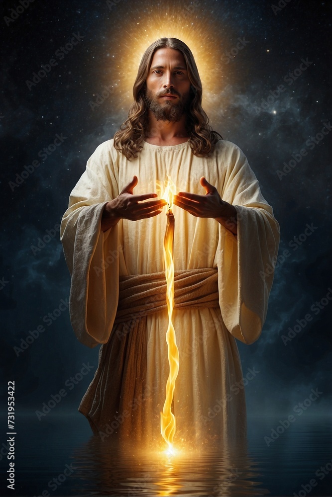 Jesus front view, hand holding torch of yellow flame