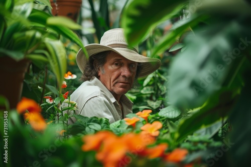 Gardener Surrounded by Lush Plants in a Greenhouse