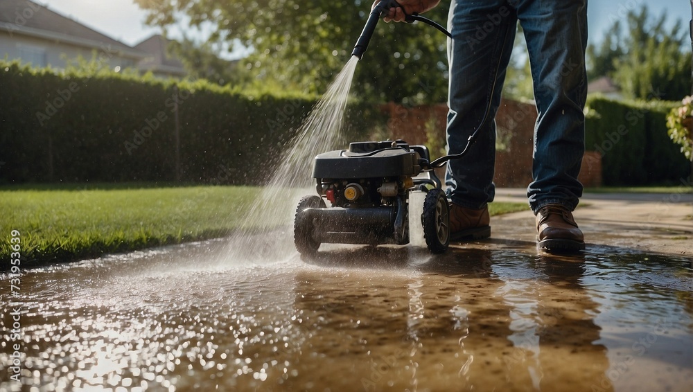 Man cleaning driveway with high-pressure washer at his own home - obrazy, fototapety, plakaty 