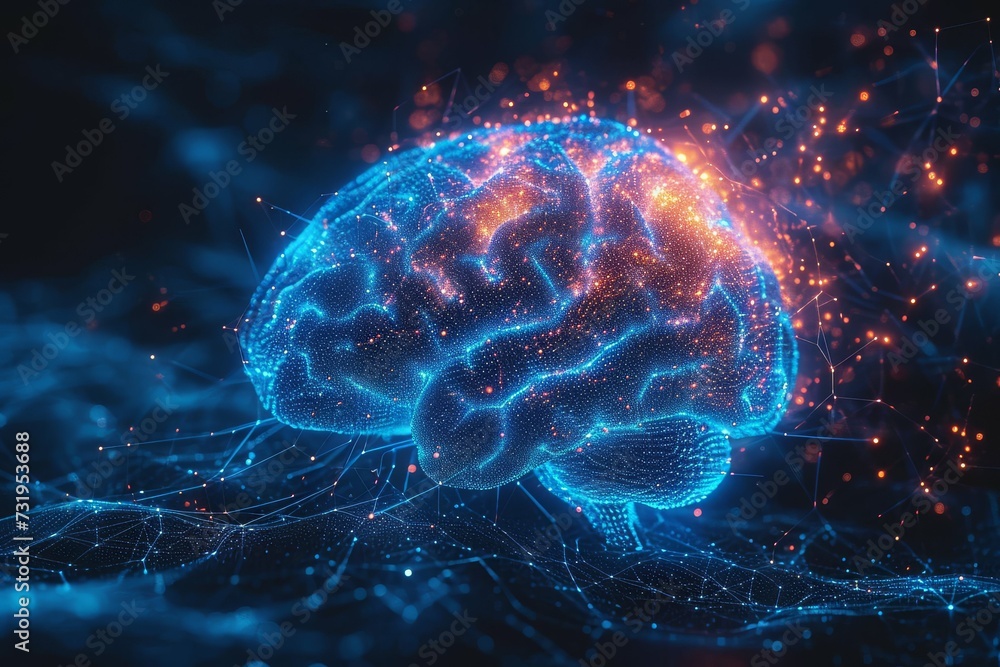 Digital illustration of a glowing human brain in a network of connections. Digital illustration of a glowing human brain in a network of connections.