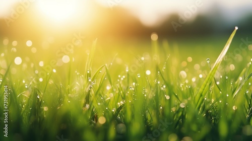 Beautiful green grass with drop of morning dew or rain drops at the farm field. Natural green grass with smooth bokeh morning sun light background.