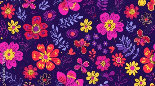 flower, doodle, seamless pattern isolated on purple background. Generative Ai