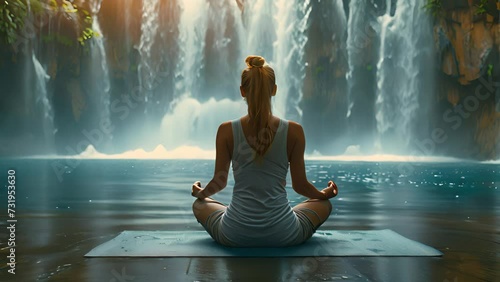 Attractive young woman meditating in front of waterfall flowing in slow motion, zen yoga nature experiences, natural spa day lotus pose back view connecting with nature 4k video