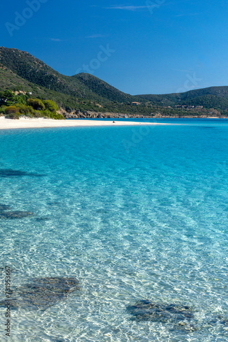 Tuerredda beach surrounded by its famous turquoise sea, on the south-west coast of Sardinia. Coast of Tuerredda bay, Teulada, Sardinia, Italy.
