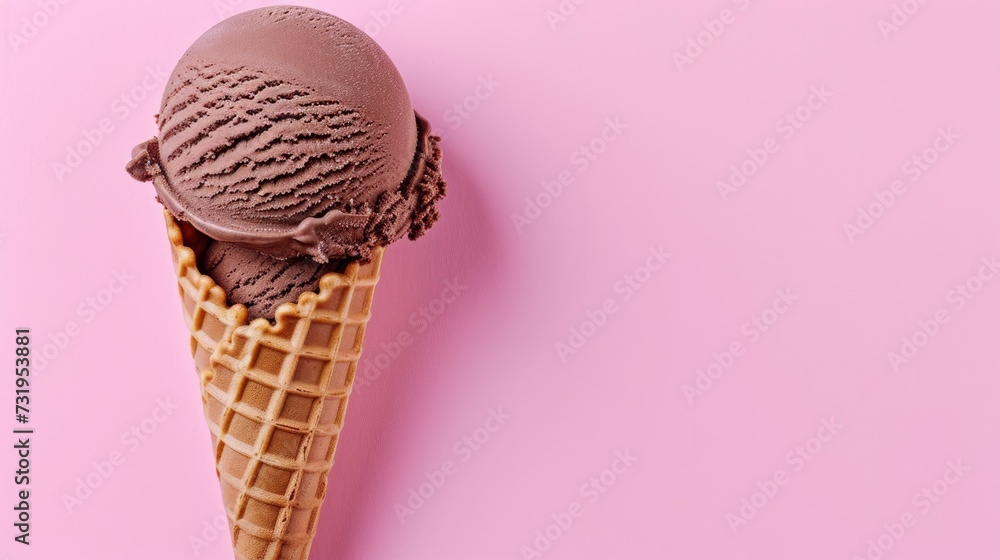 Soft Chocolate Ice Cream in a Waffle Cone on Pink Background, with Copy Space Soft Chocolate Ice Cream in a Waffle Cone on Pink Background, with Copy Space
