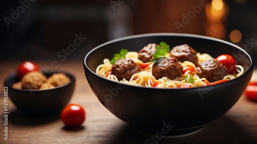 picture noodle and meatball in the bowl looks delicious artistic