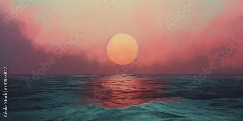 Minimalistic Geometric Drawing with Pink and Purple Colors of Sun, Sea, and Ocean, Dark Teal and Light Orange for Colorful Landscapes