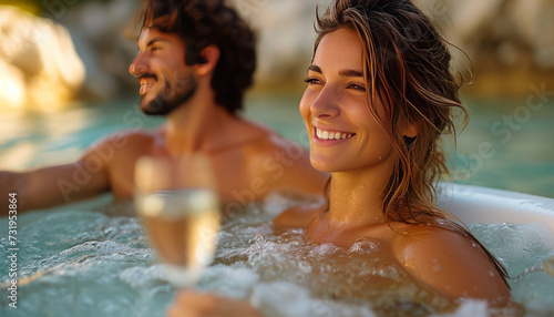 a couple in a jacuzzi  close up on glasses champagne generative ai