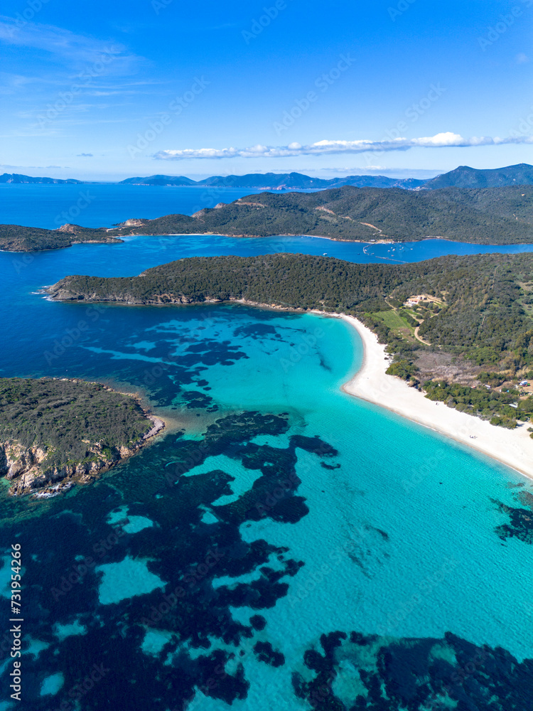 Tuerredda beach seen from above with a drone, surrounded by its famous turquoise sea, on the south-west coast of Sardinia. Coast of Tuerredda bay, Teulada, Sardinia, Italy.