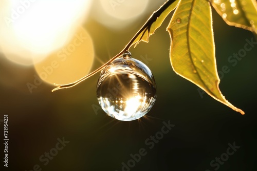 A close-up of a dewdrop reflecting sunlight, hanging delicately from a green leaf. photo