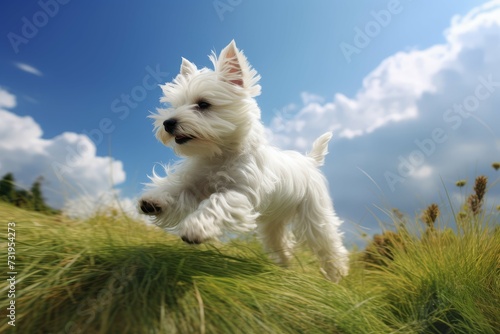 A joyful West Highland Terrier runs playfully in a lush green field under blue skies.