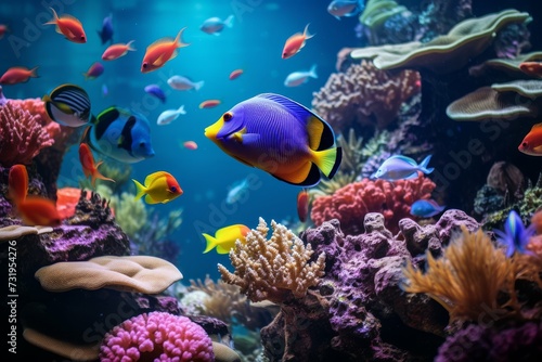 A colorful underwater view of a bustling aquarium filled with a variety of tropical fish swimming among vivid coral reefs.