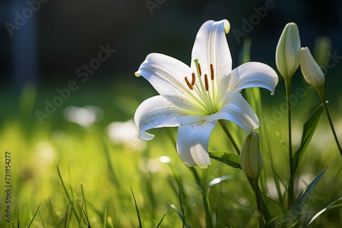 A single white lily stands out in a sunlit meadow  with buds about to bloom.