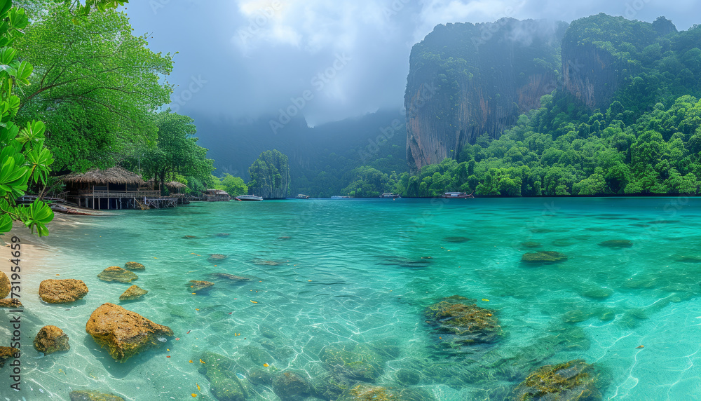 Pileh Lagoon with green emerald ocean at Koh Phi Phi Thailand,generative ai