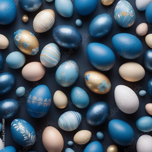 Blue easter eggs painted by hand on a dark background. Easter stylish minimal composition. Top view, flat lay, copy space 