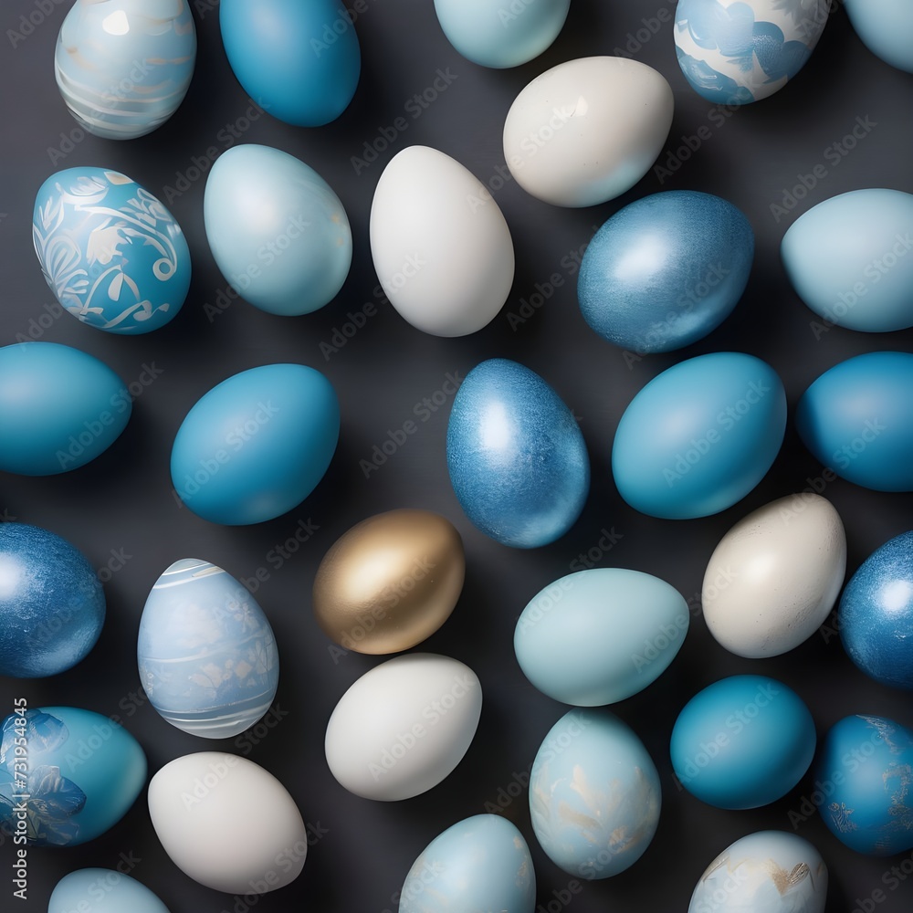 Blue easter eggs painted by hand on a dark background. Easter stylish minimal composition. Top view, flat lay, copy space Blue easter eggs painted by hand on a dark background. Easter stylish minimal composition. Top view, flat lay, copy space