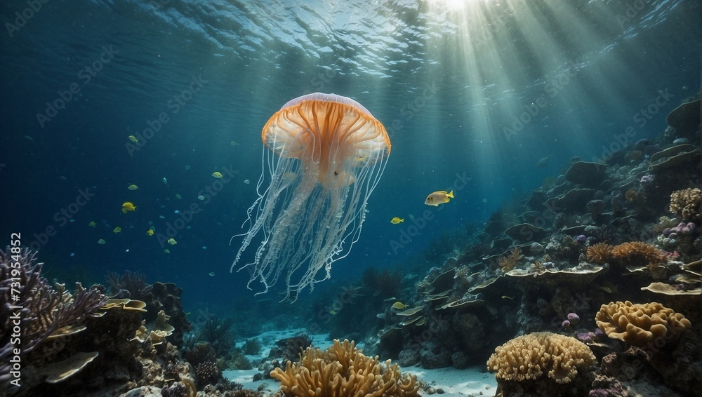 Underwater scene with corals and jellyfish Underwater scene with corals and jellyfish